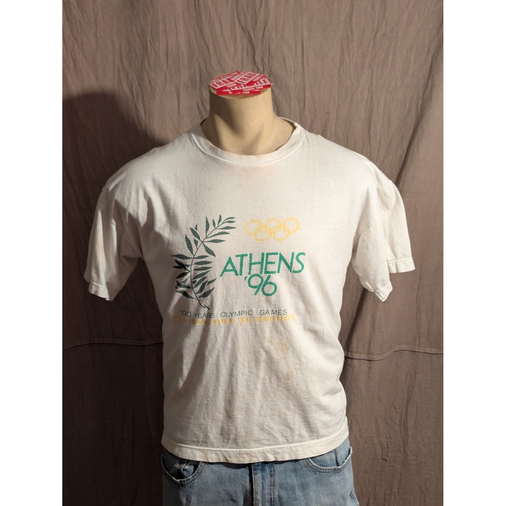 Vintage Athens 96 Olympic Games Shirt Mens M White Fair 90s Graphic Tee Retro
